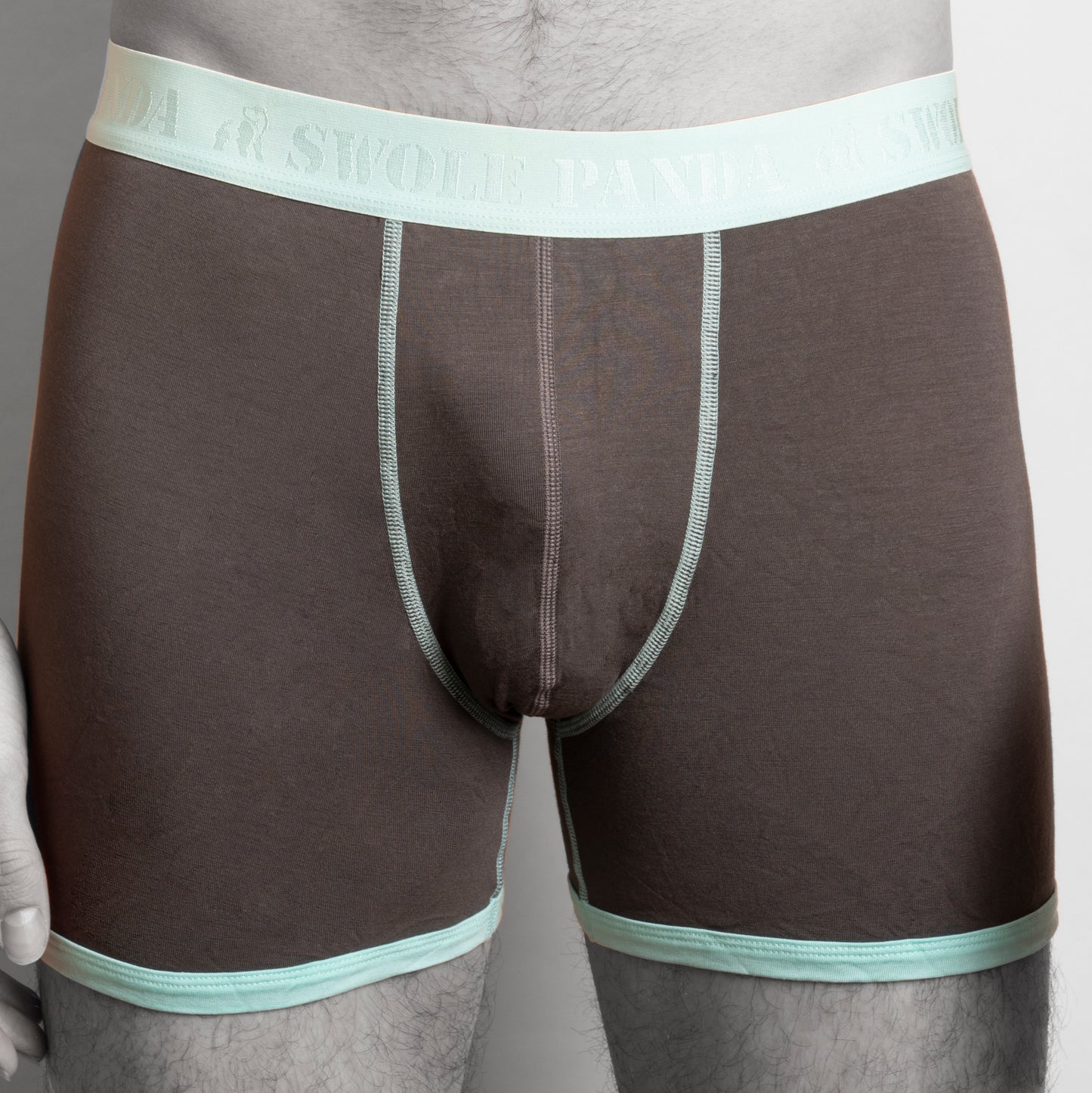 Grey bamboo boxer shorts with turquoise stitching and bands