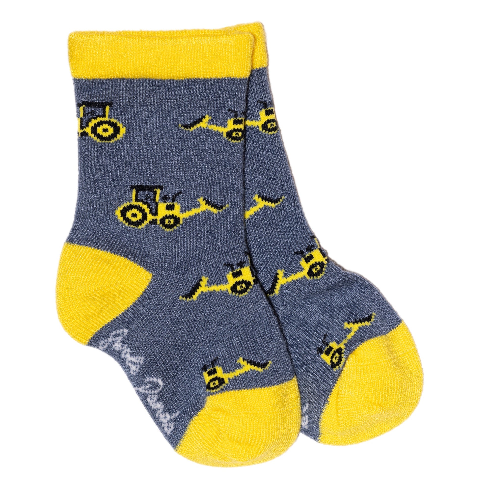 Single pair of socks, with a yellow top, heel and toe section. The body of the sock is a dark grey with yellow diggers (with black detailing) dotted across the grey.