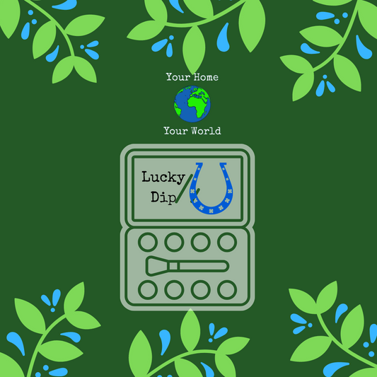 Green background, with a faint white eyeshadow palette and a blue horse show. Light green and blue leaves around the outside