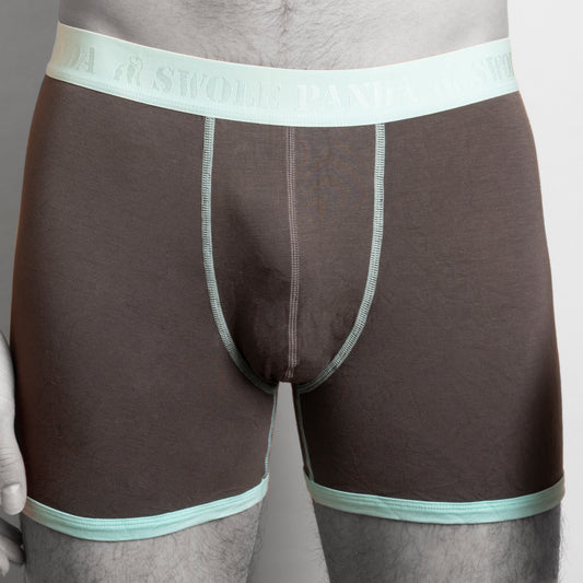 Grey bamboo boxer shorts with turquoise stitching and bands