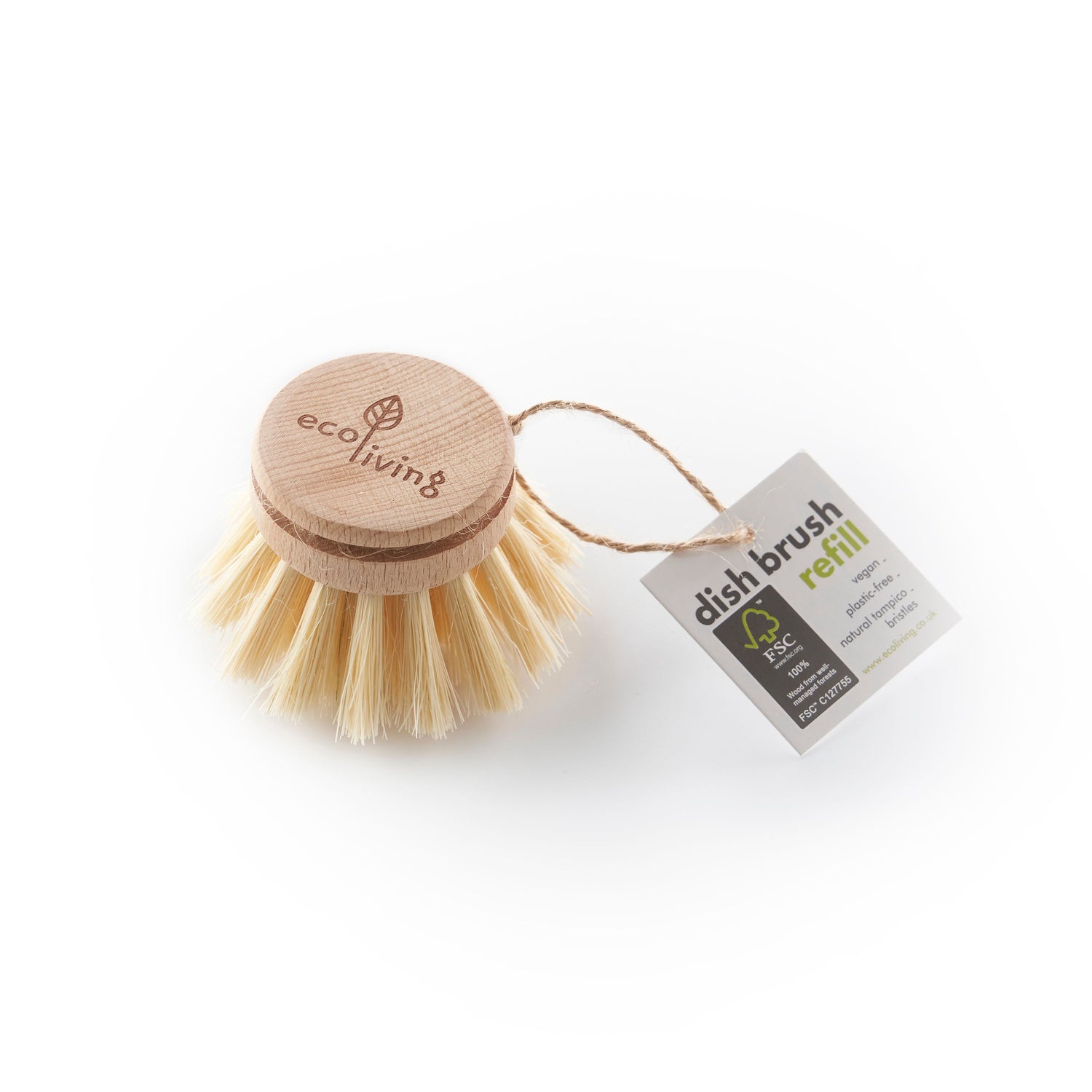 Replacement wooden washing up brush head with natural bristles on white background