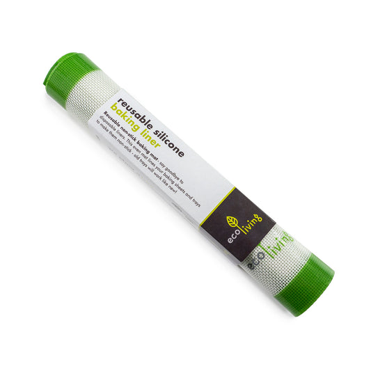 Ecoliving Reusable Silicone Baking Liner rolled up in a printed card sleeve on a white background.